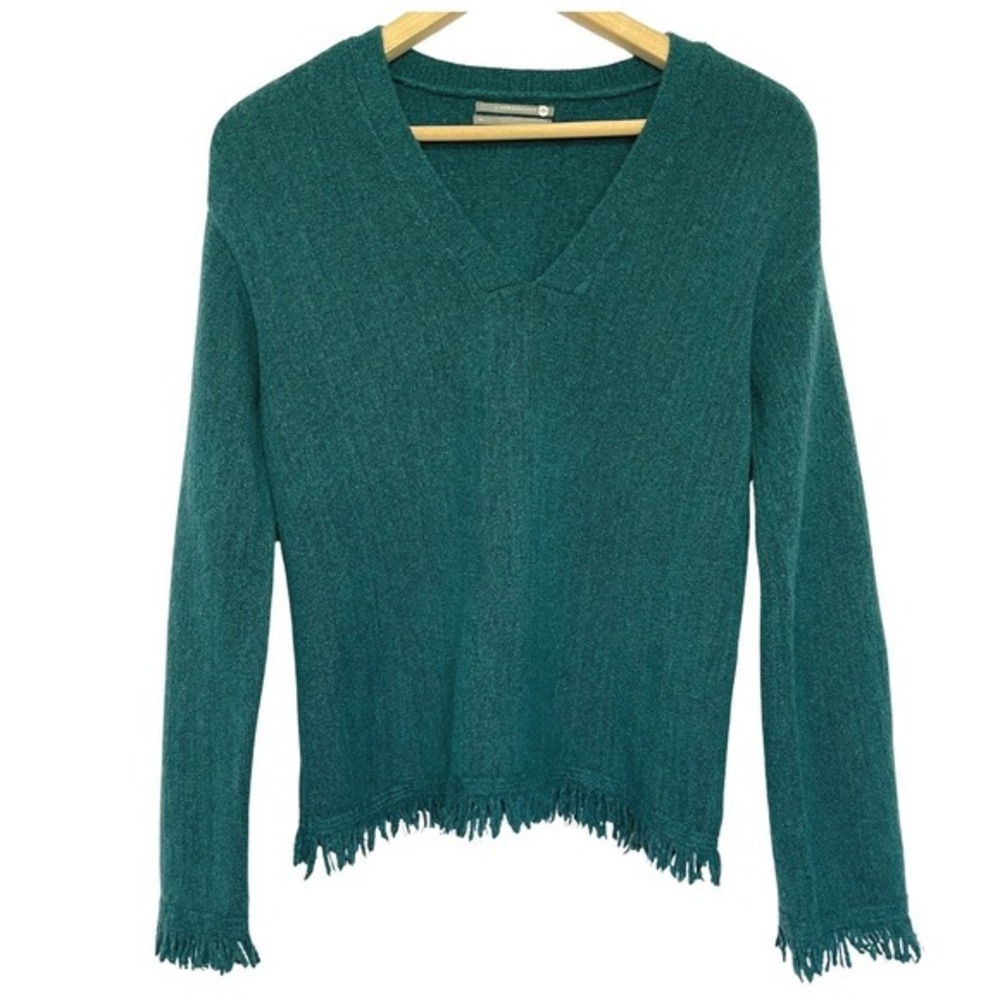 Anthropologie Joy Wool Blend Sweater Womens XS Green Alpaca Pullover Fringe Soft